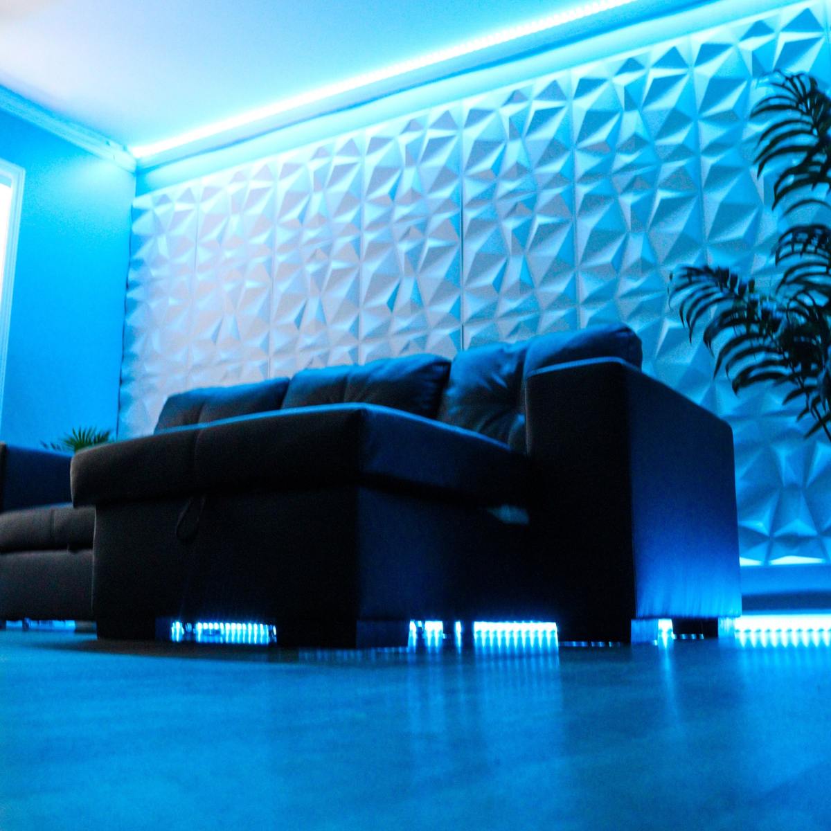 A modern living room featuring a black sectional couch, a textured light blue wall, and a plant in a pot, all illuminated by blue LED lights.