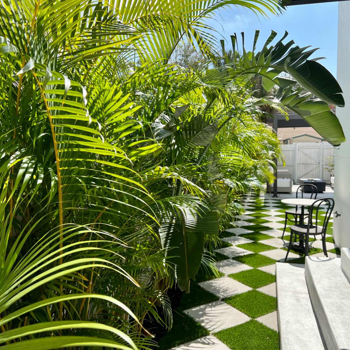 A path lined with lush green palms leads to a small outdoor seating area with a black-and-white checkered floor.