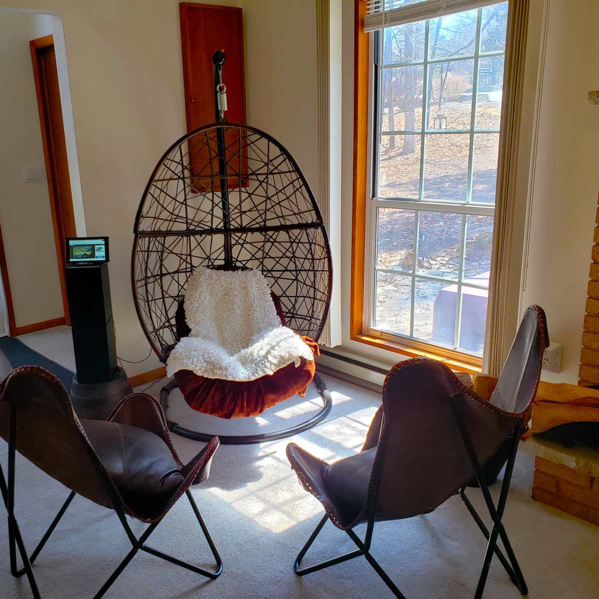 A cozy room featuring a large hanging chair surrounded by three leather chairs, with natural light streaming through a nearby window.