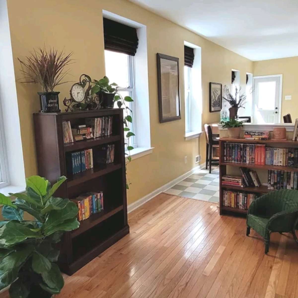 A well-lit room with beige walls, hardwood flooring, and two bookshelves flanking a window, along with a potted plant and a small area rug.