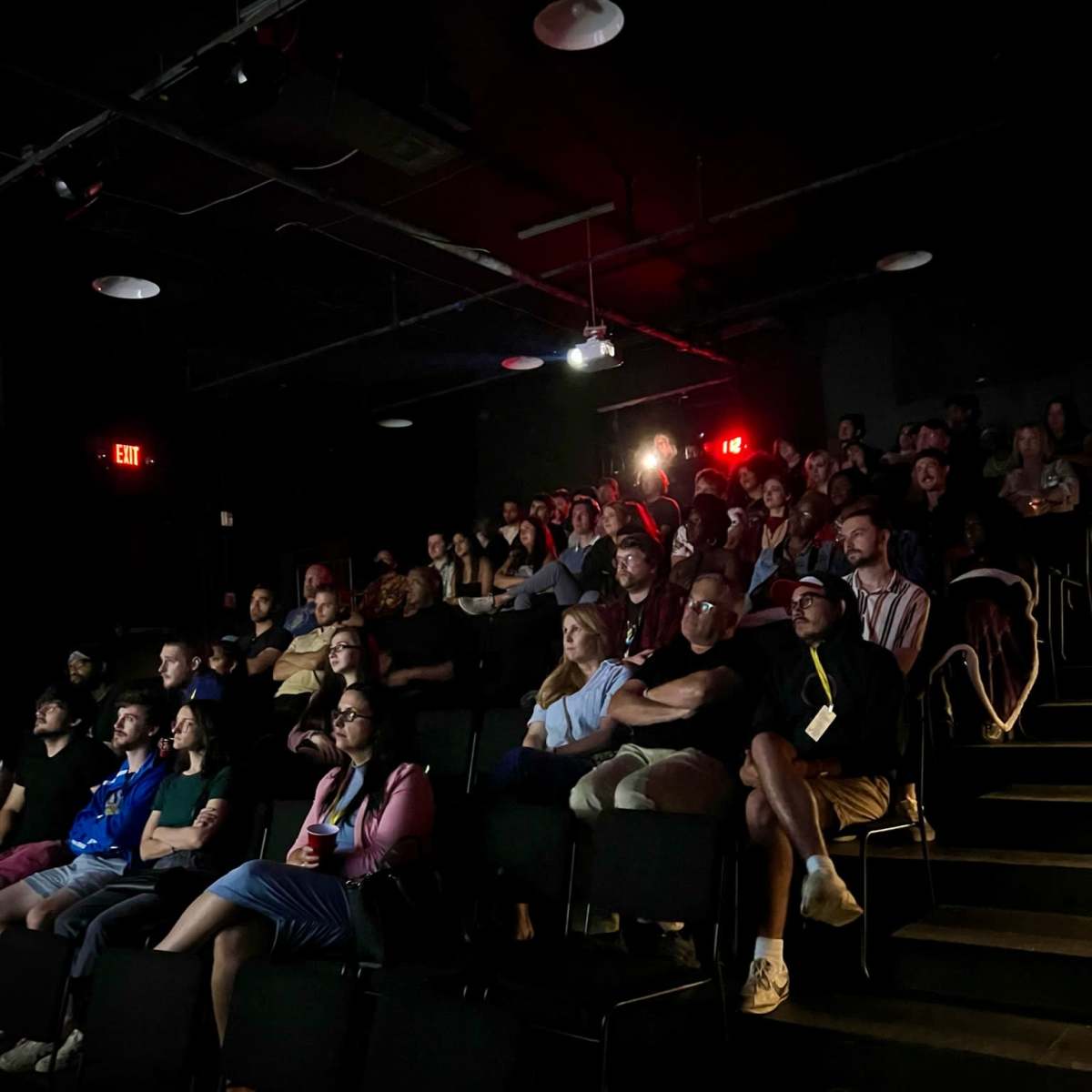A diverse audience watches a presentation in a dimly lit theater.