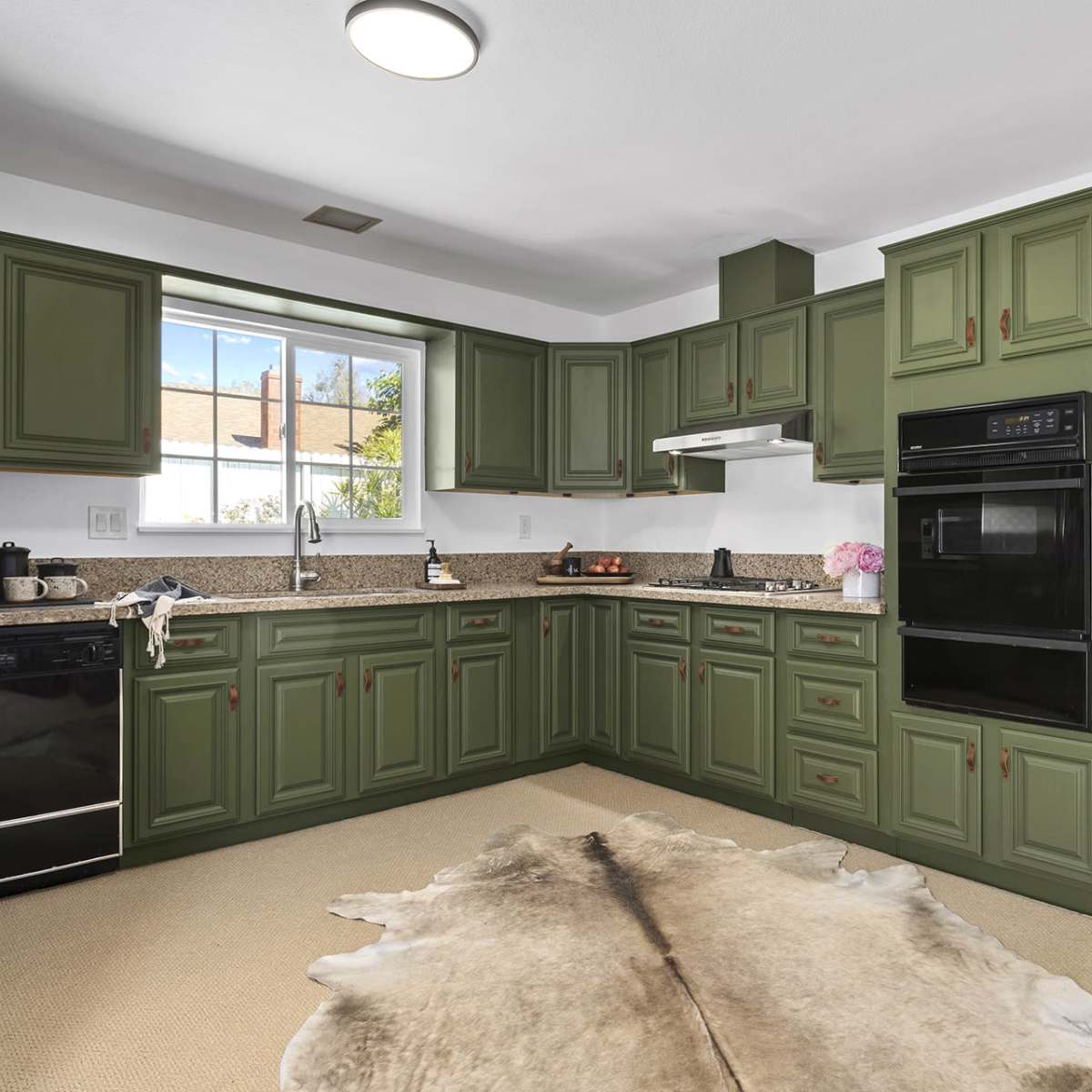 The kitchen features green cabinets, a countertop with a sink, and black appliances.