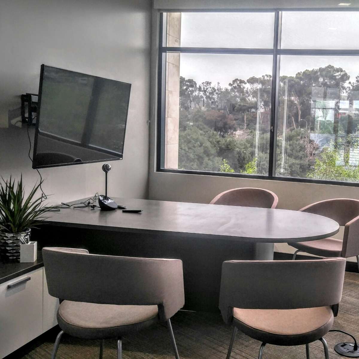 A conference room with a round table, four chairs, a wall-mounted television, and large windows overlooking a treed landscape.