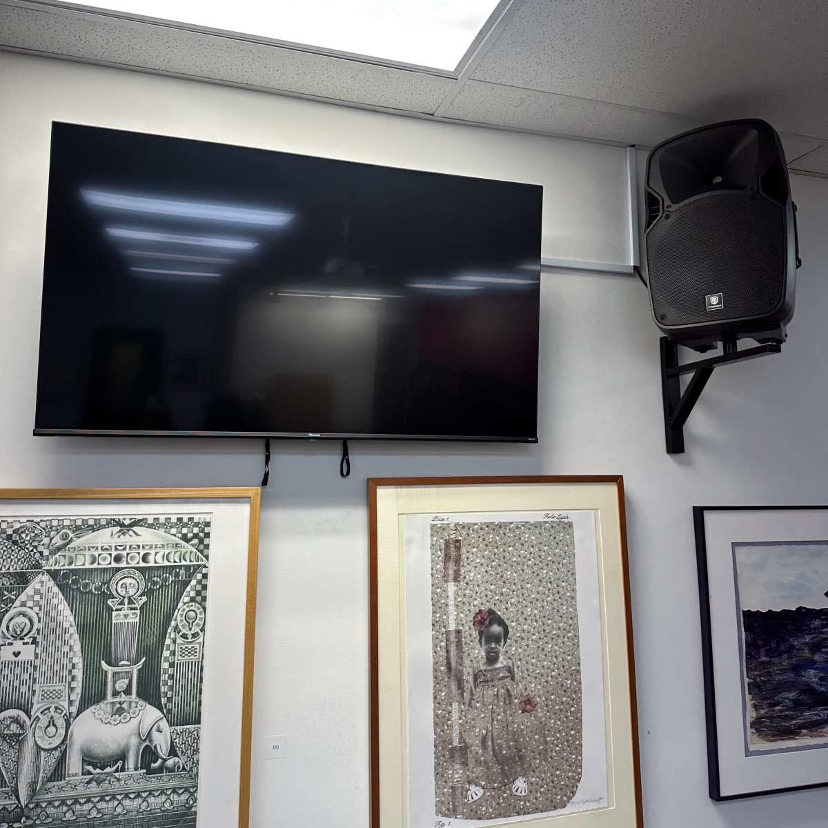 A flat-screen television is mounted on the wall above a speaker, surrounded by various framed artworks.