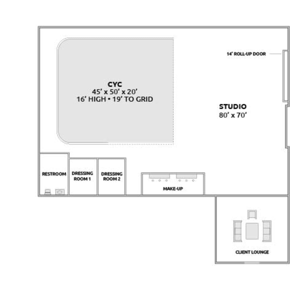 A floor plan layout of a studio space, featuring a cyc wall, two dressing rooms, a makeup area, a restroom, and a client lounge.