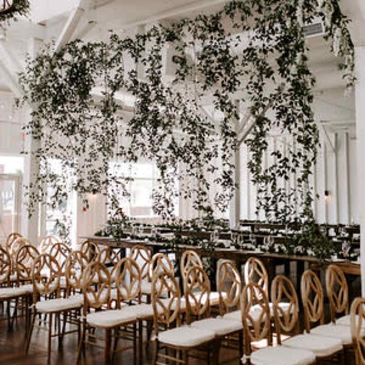 A spacious room with wooden chairs arranged in rows beneath hanging greenery.