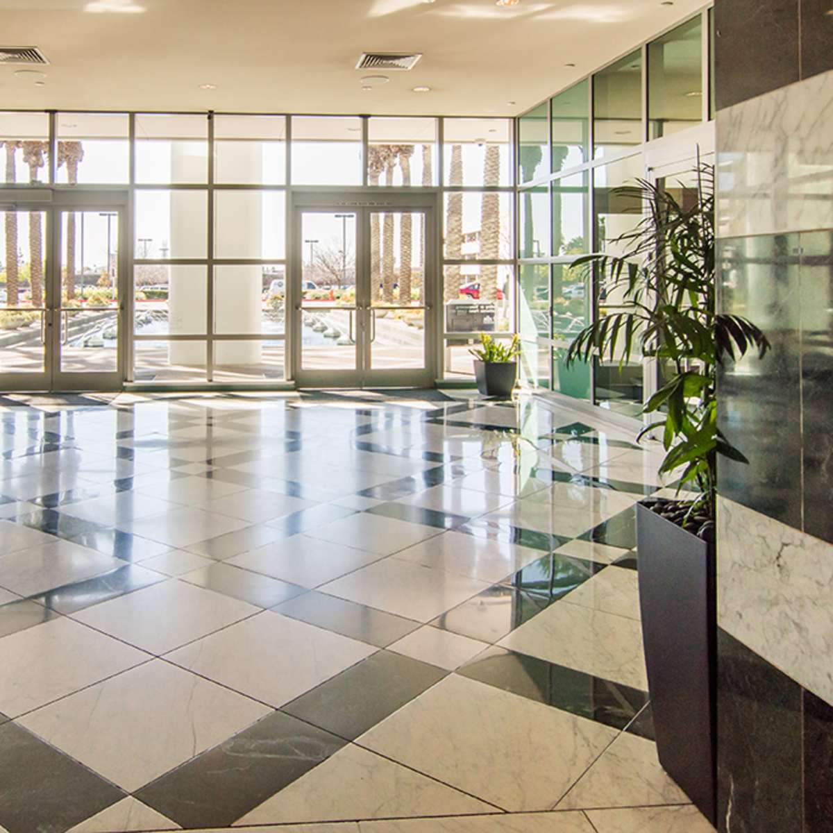 A modern lobby with polished black and white tiled flooring, large glass doors, and potted plants.