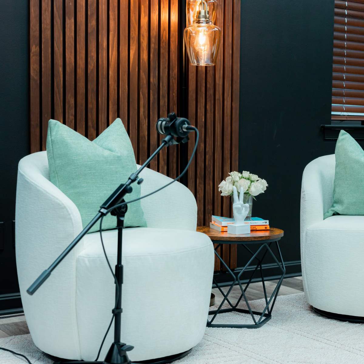Two white armchairs with green pillows positioned beside a small table, both equipped with microphones, against a dark wall with wooden paneling and a plant nearby.