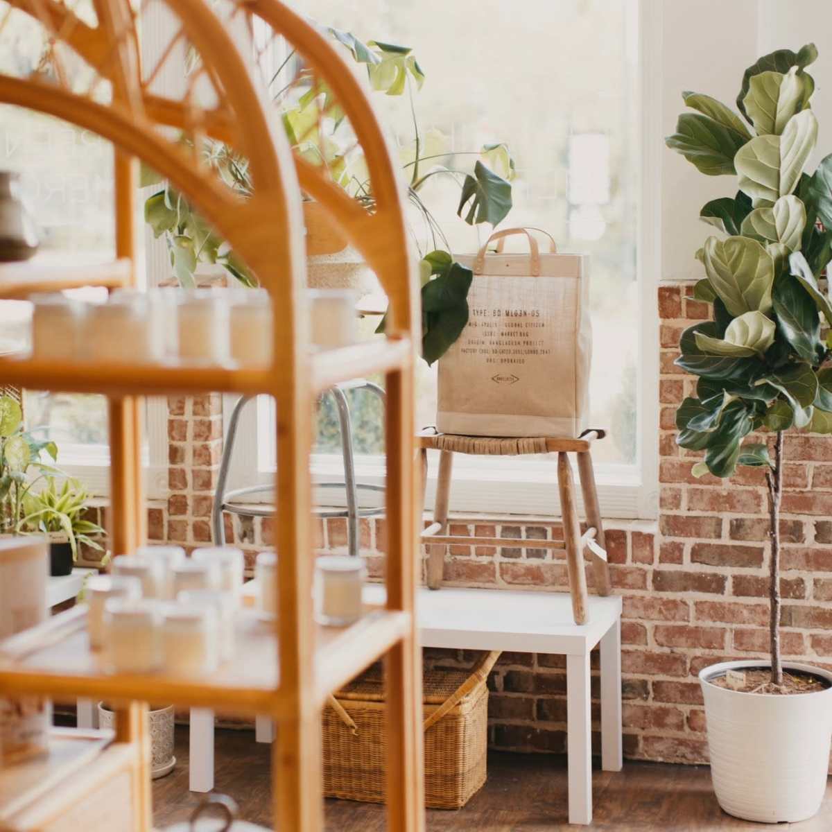 A corner of a shop features a wooden shelf with jars, a chair with a bag on it, and potted plants beside a brick wall and large windows.