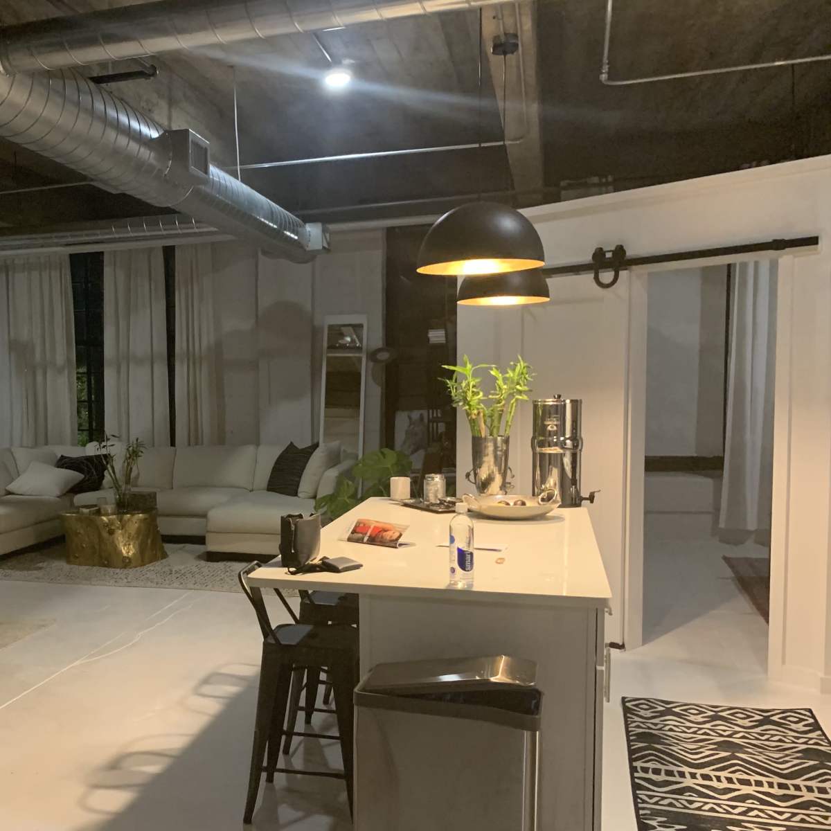 A modern, open-concept apartment with a kitchen area and a living room featuring a sofa and dining table.