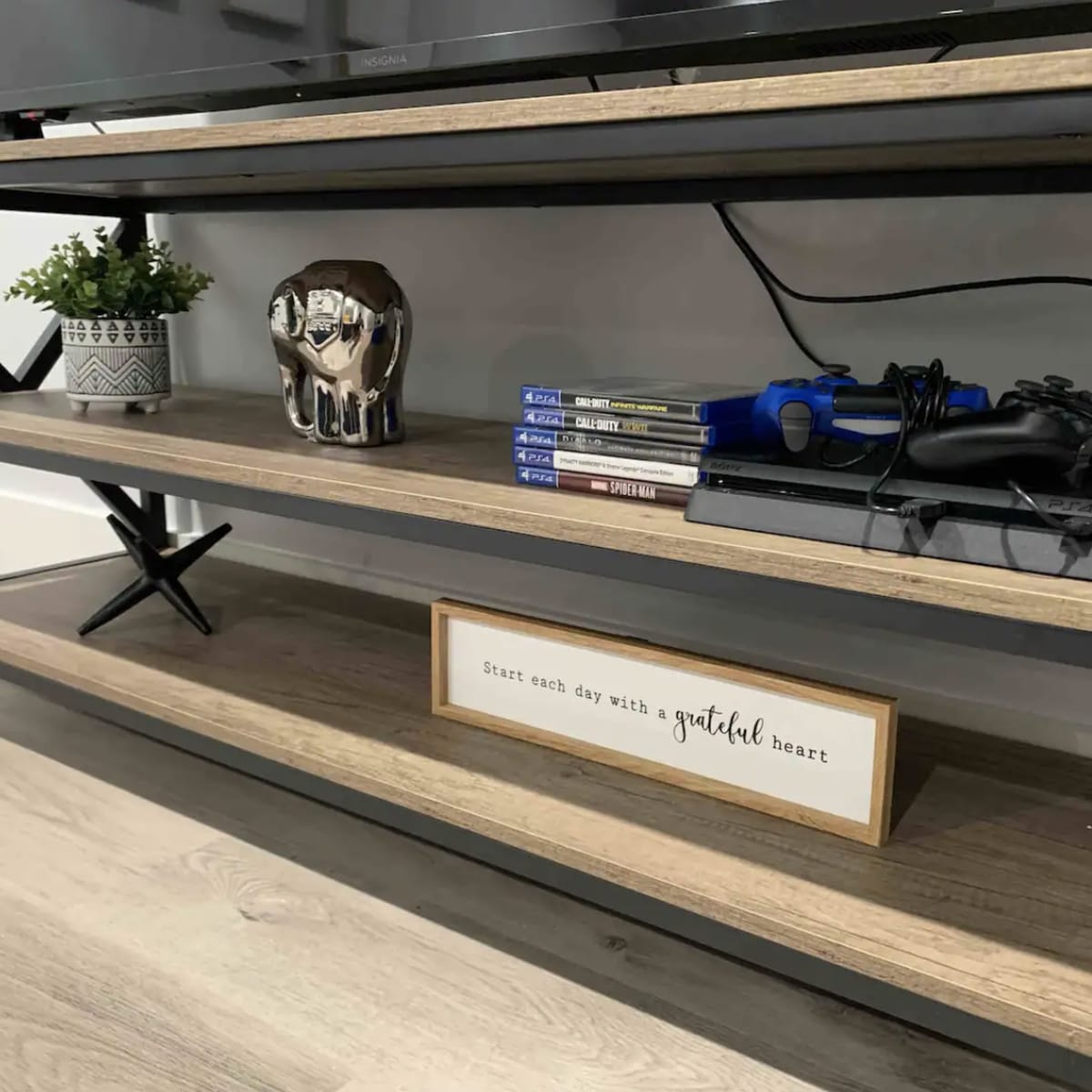 A TV stand displays a decorative skull, a potted plant, several video game cases, a gaming controller, and a sign reading "Start each day with a grateful heart."