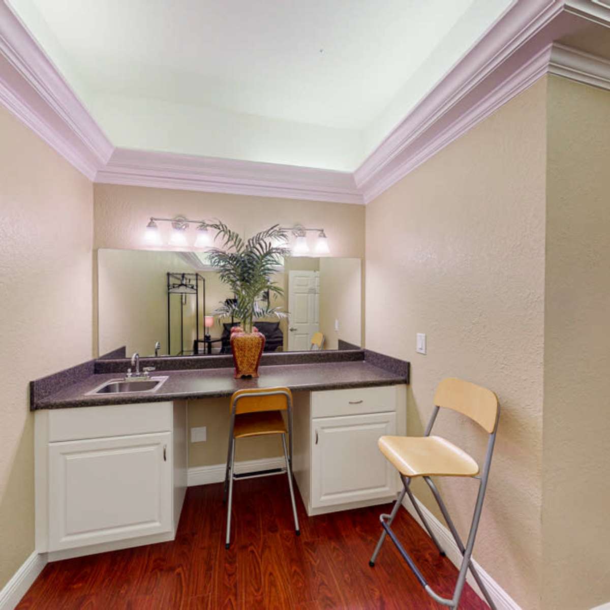 A small room features a bar area with a sink and a chair, alongside a mirror and decorative plant.