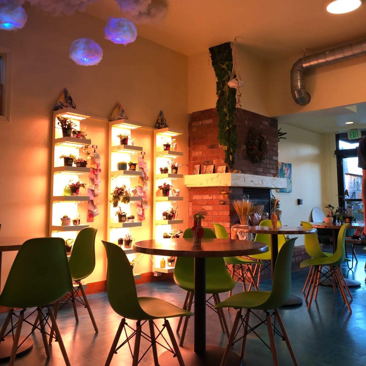 A brightly lit café interior with green chairs, wooden tables, and shelves displaying potted plants against a warm-toned wall.