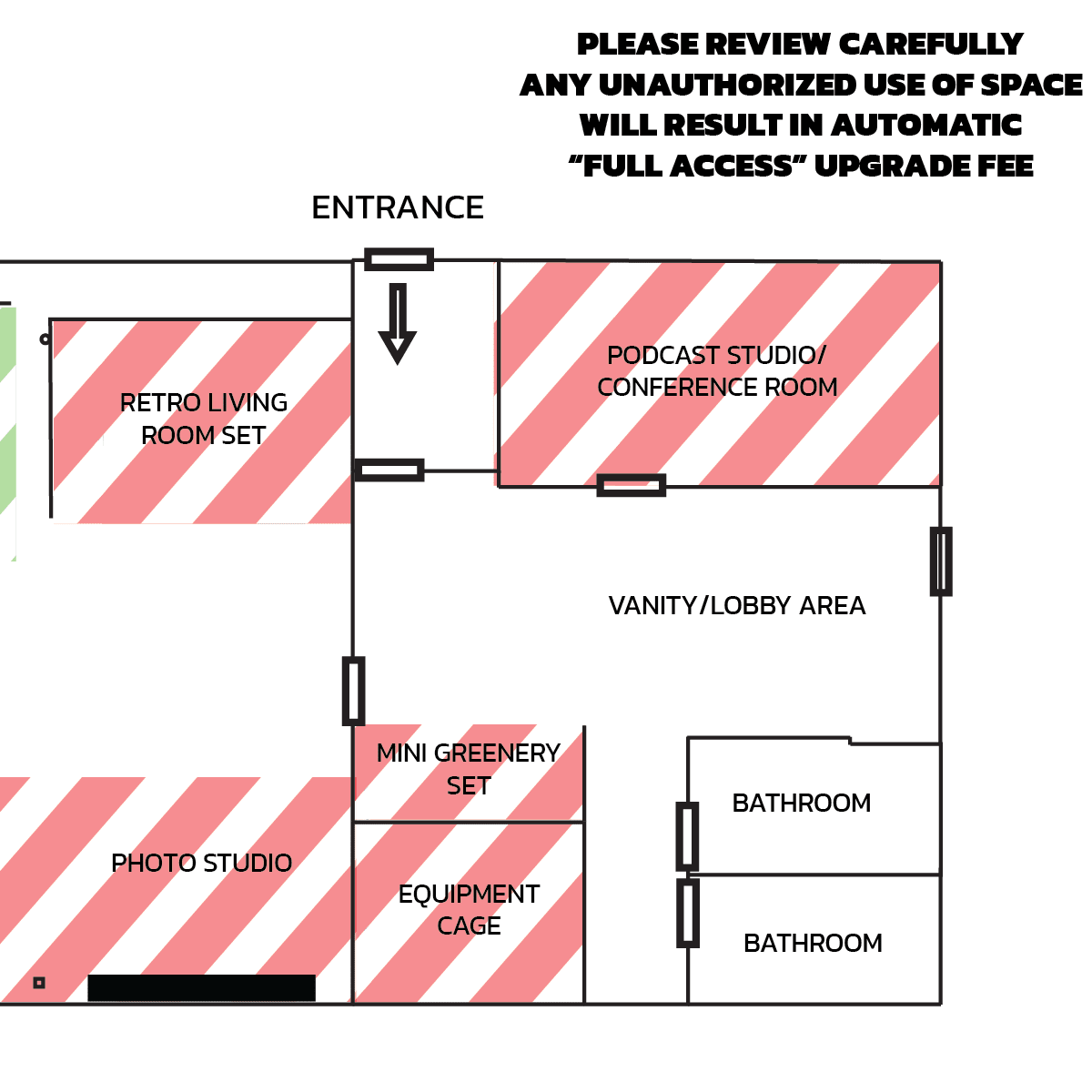 The diagram displays a layout of a facility with labeled areas such as a podcast studio, retro living room, and various other designated spaces, including entrances and bathrooms.