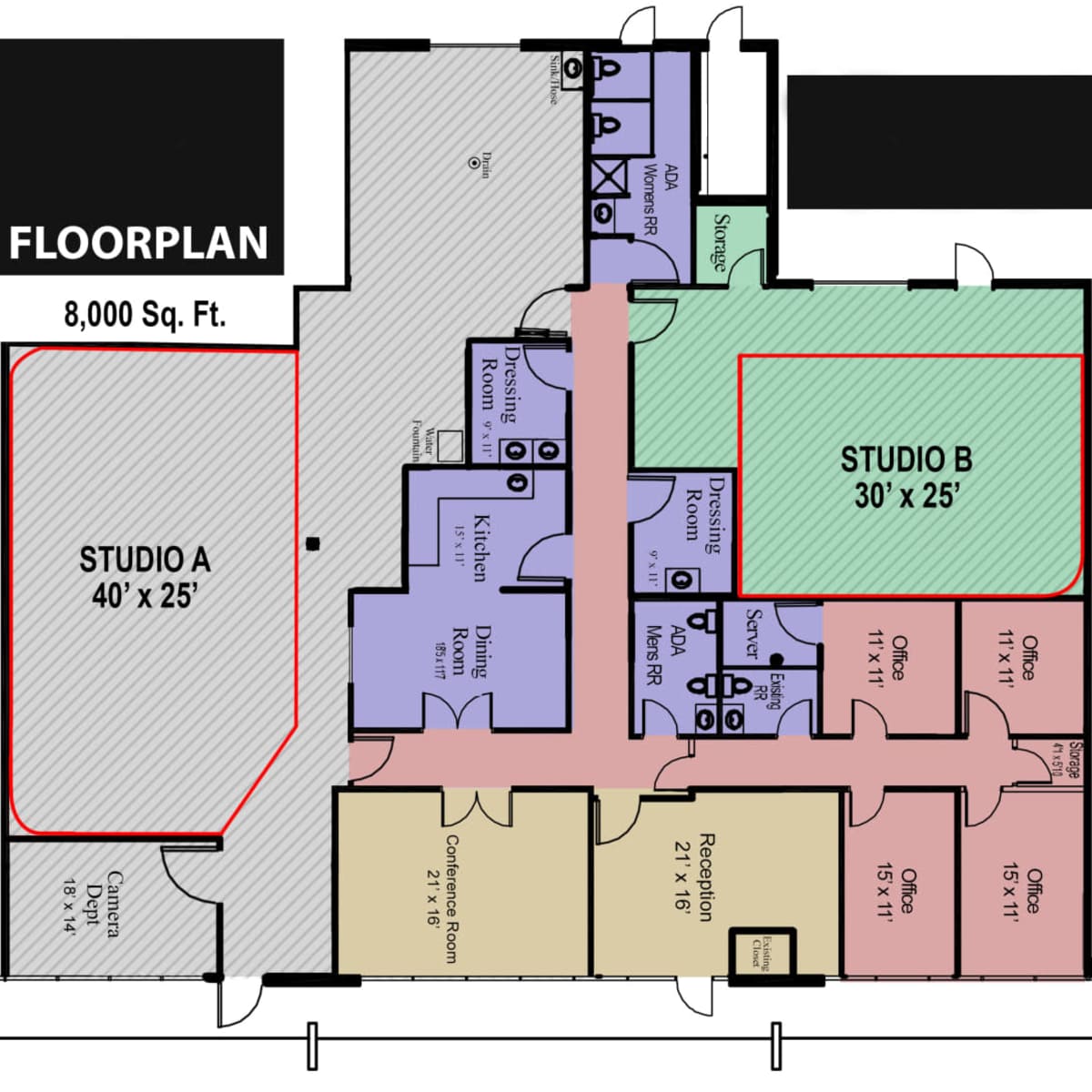 A labeled floor plan of a building with two studio areas, labeled Studio A and Studio B, alongside various rooms such as kitchens, offices, and a reception area.