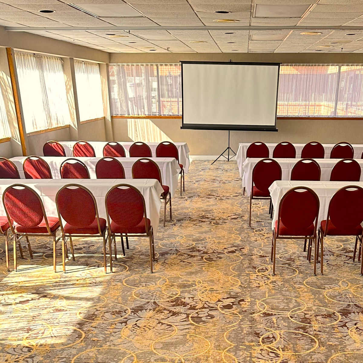 A meeting room is arranged with rows of red chairs and tables facing a projection screen.