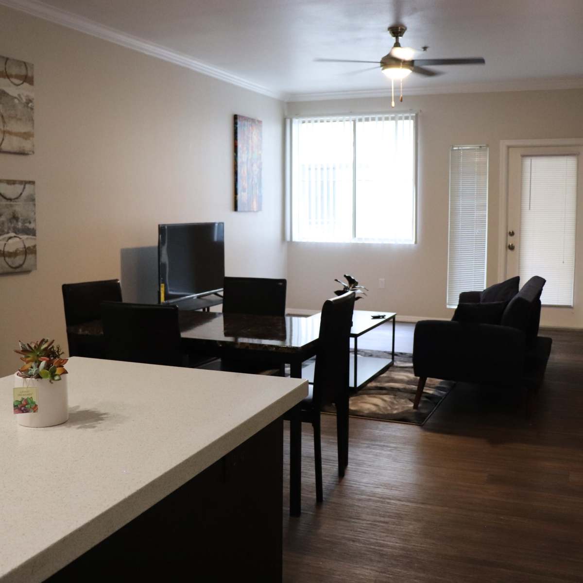 A modern living room and dining area with a television, dining table, and seating arrangement, viewed from a kitchen counter.