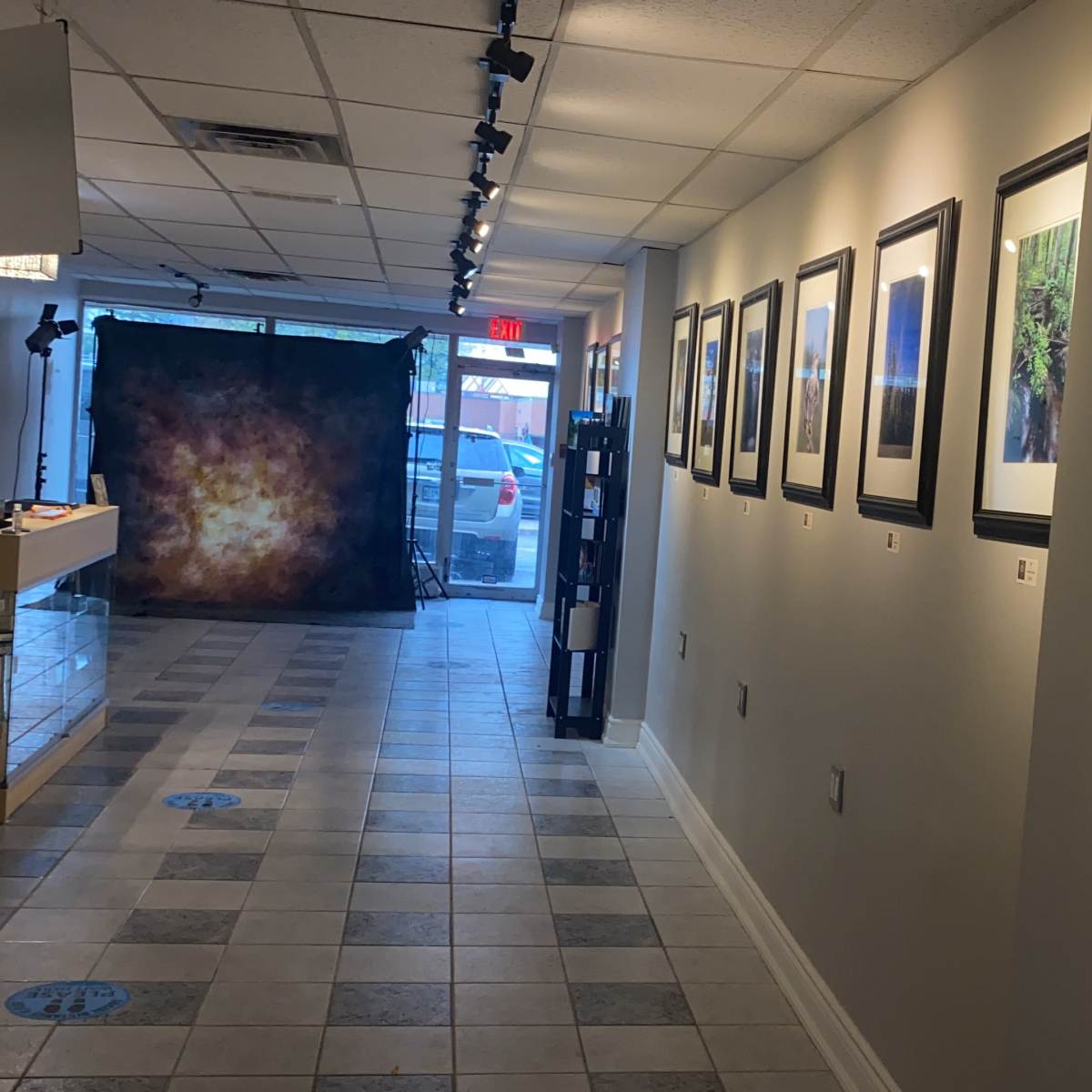 A long corridor in an art gallery with framed photographs on the walls and a backdrop for photography at the end.