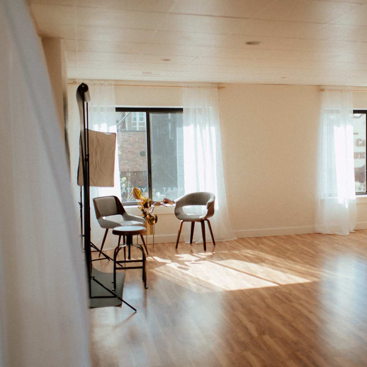A bright and open studio space features two chairs, large windows with sheer curtains, and a potted plant.
