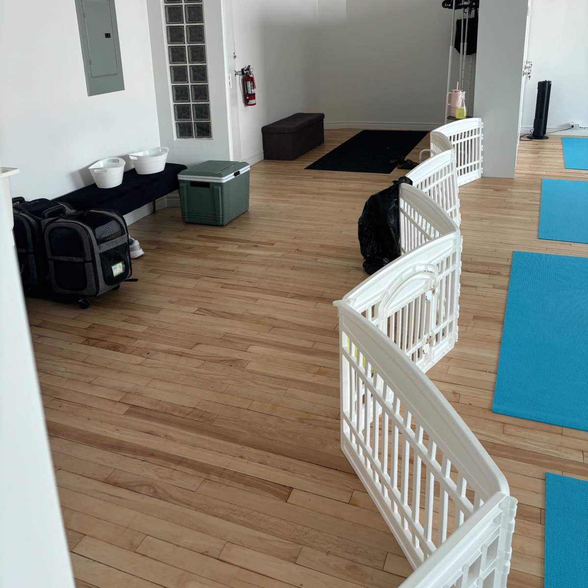 A spacious, well-lit room with wooden flooring, featuring a partition of white safety gates, storage bins, and yoga mats on the floor.