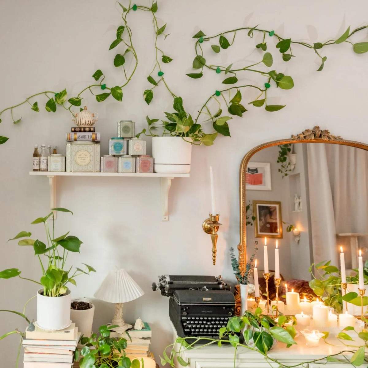 A cozy interior scene features shelves adorned with decorative items, a vintage typewriter, houseplants, and candles, creating a warm and inviting atmosphere.