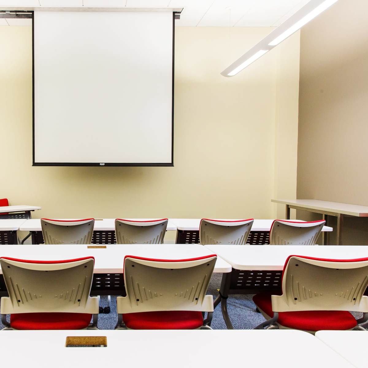 A classroom setting features rows of white tables and red-backed chairs facing a blank projection screen on the front wall.