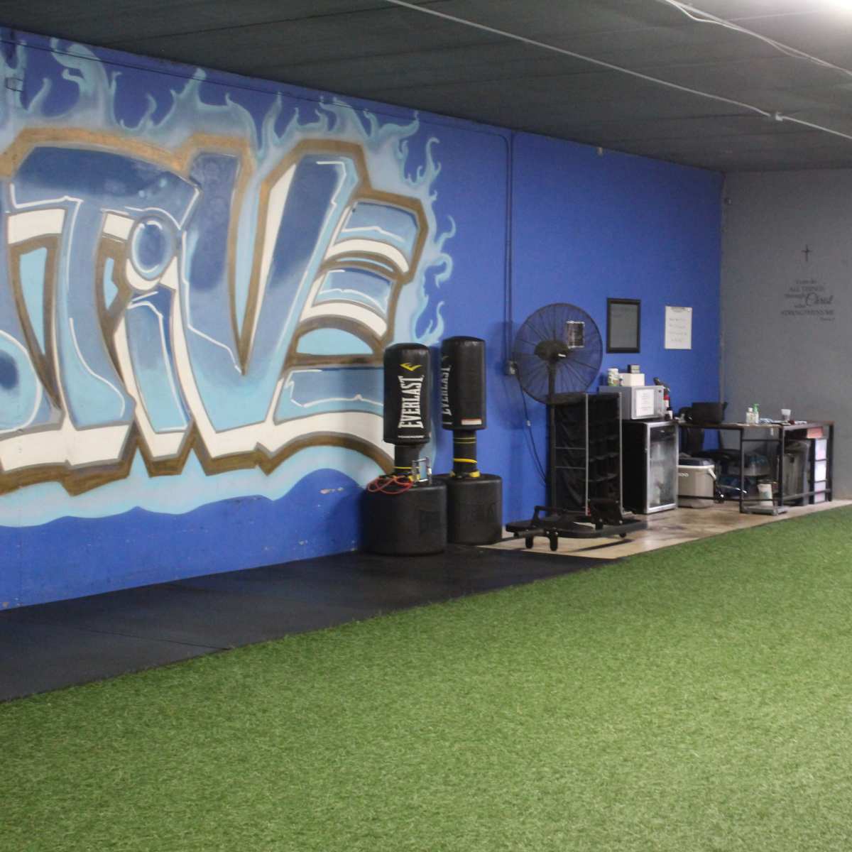 A gym interior with blue walls featuring graffiti, artificial turf flooring, and various fitness equipment along the right side.
