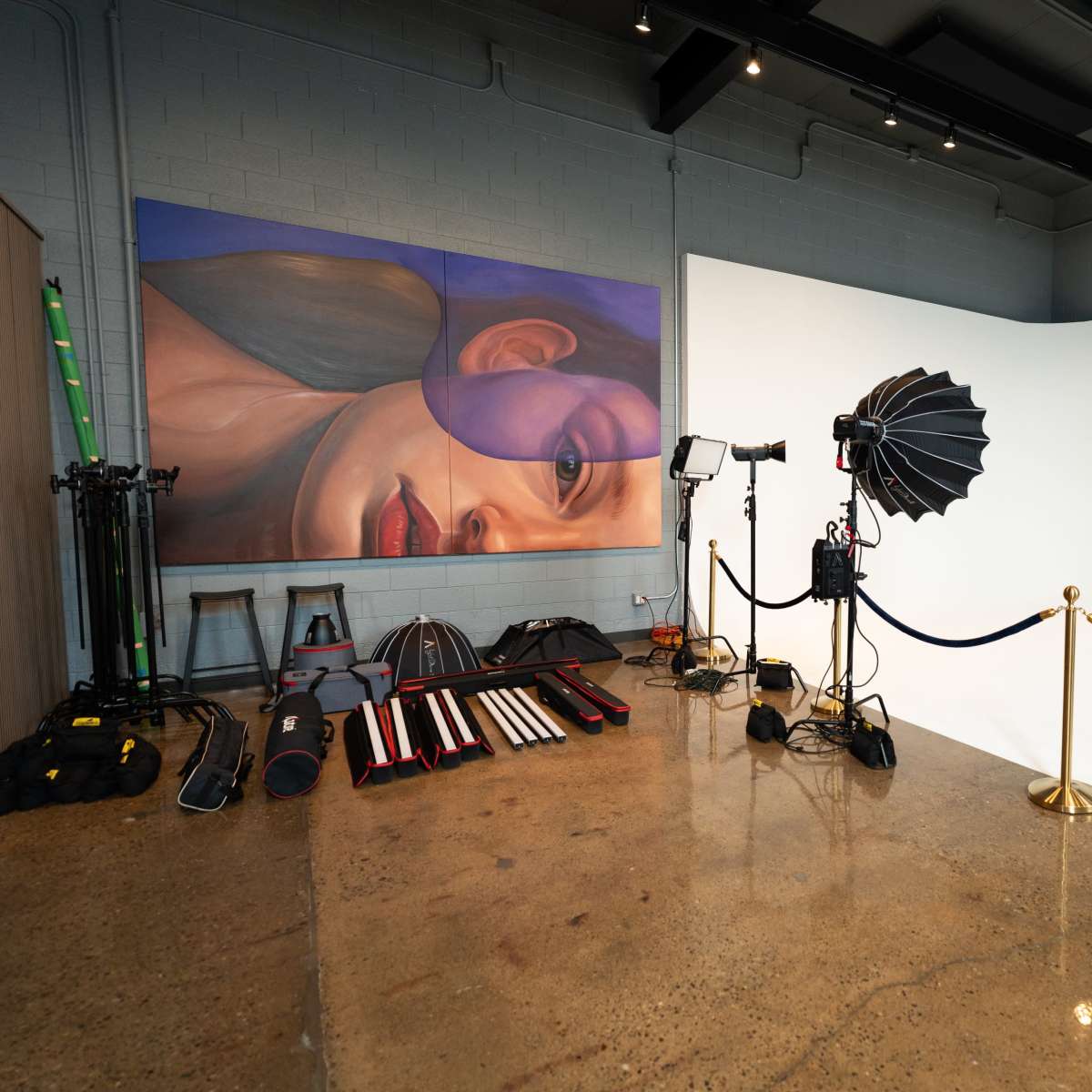 A photography studio featuring a large mural on the wall, a white backdrop, lighting equipment, and organized photography gear on the floor.
