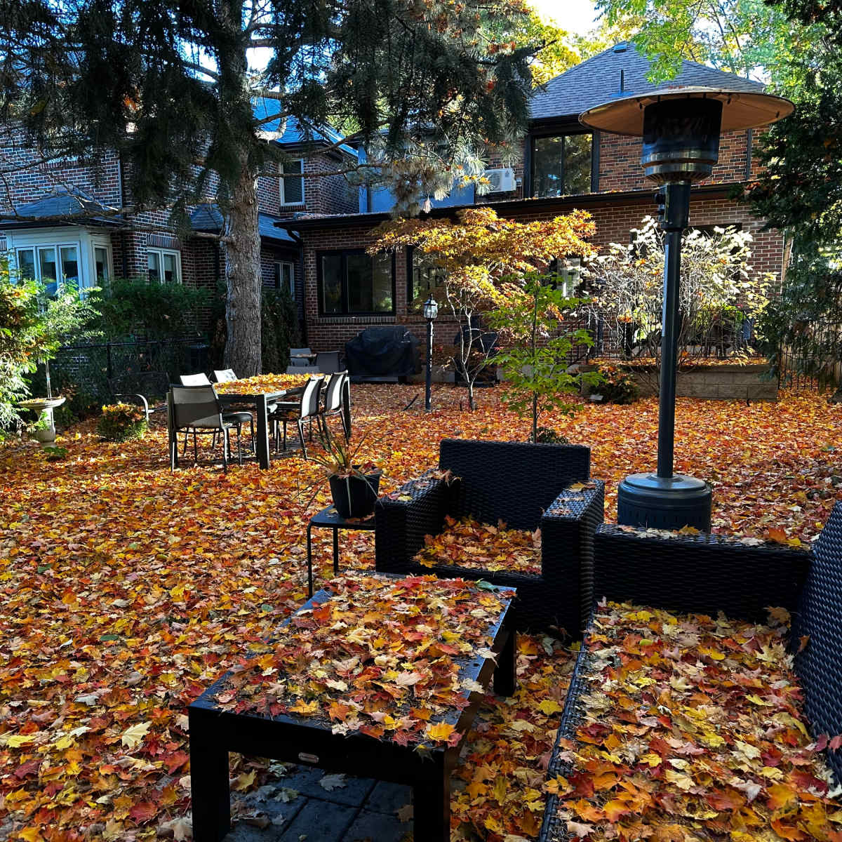 The backyard is covered in a thick layer of fallen autumn leaves, with outdoor furniture and a patio heater visible.