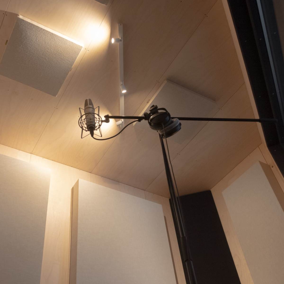 A microphone on a stand in the center of a soundproof recording studio with acoustic panels on the walls.