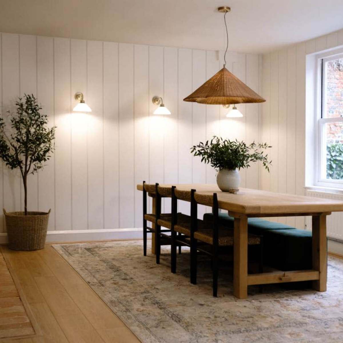 A minimalistic dining area featuring a wooden table with six chairs, a woven pendant light, and a potted plant in a corner.