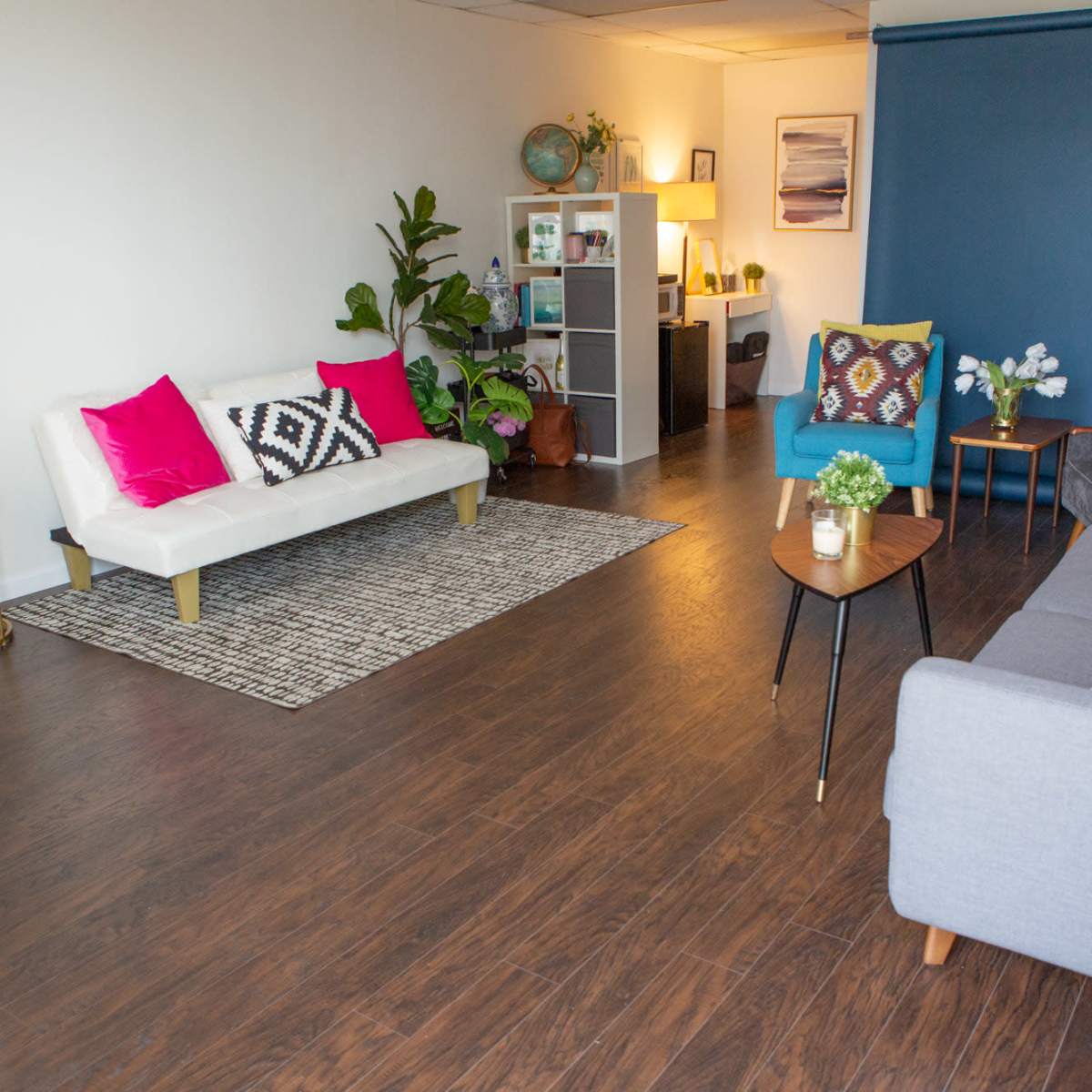A modern living space with two sofas, a coffee table, a rug, and shelves filled with decorative items and plants.