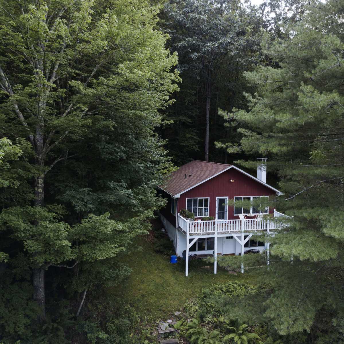 A small red cabin is nestled among dense trees, featuring a white deck and surrounded by greenery.