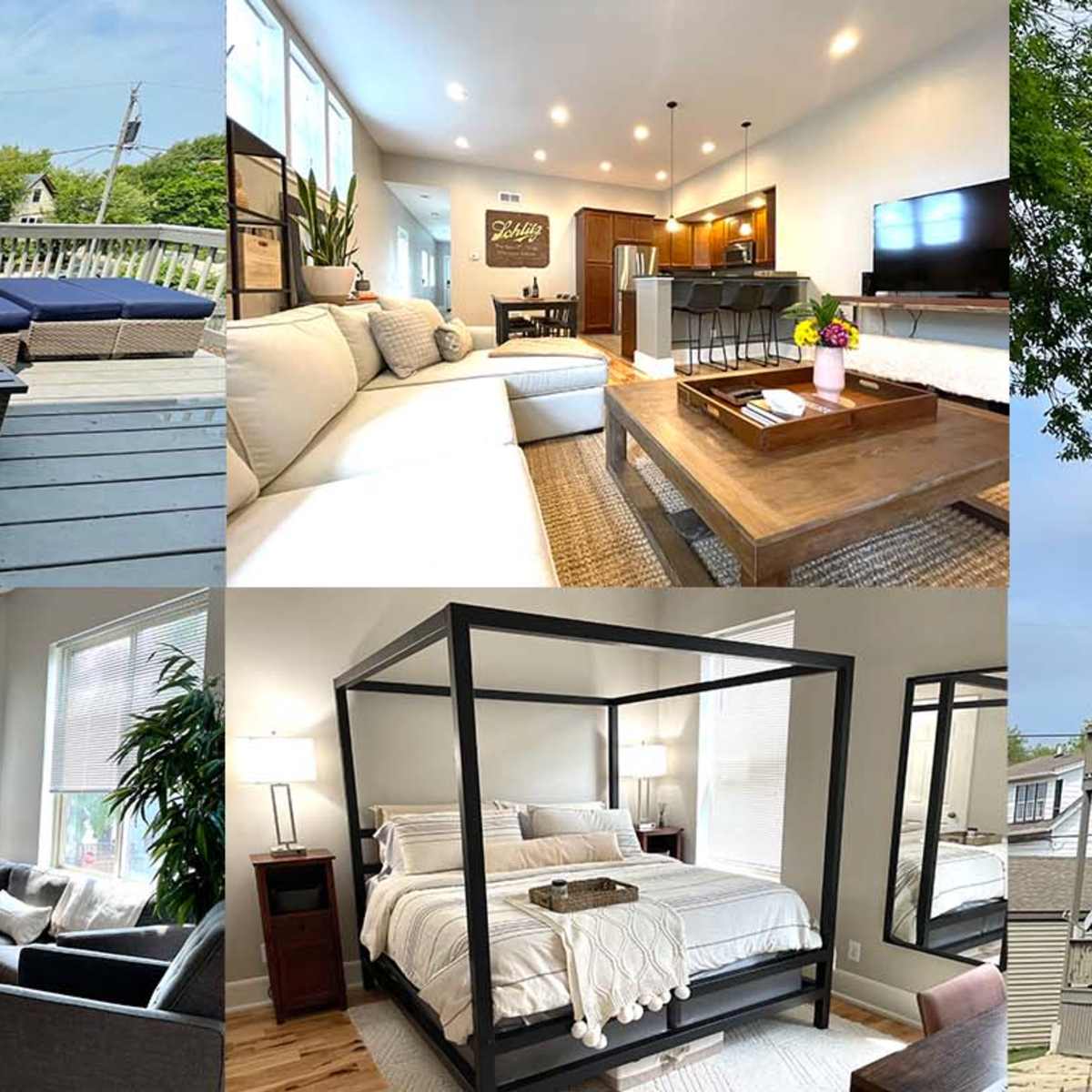 A collage of a modern home featuring various interior and exterior views, including a living area, a bedroom, and the house's exterior design.