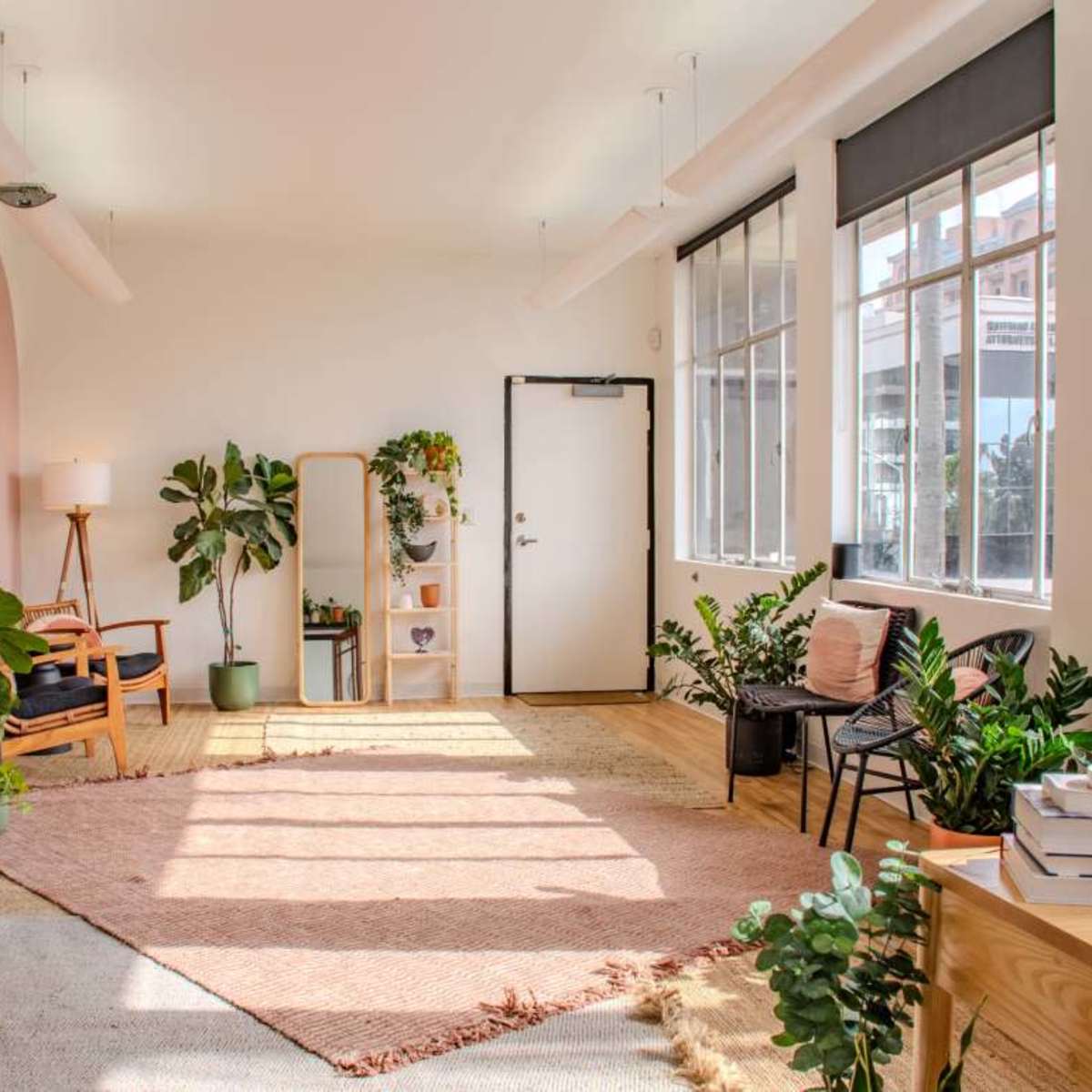The room features a spacious layout with large windows, plants in various corners, a potted tree, and a neutral-colored rug on the floor.