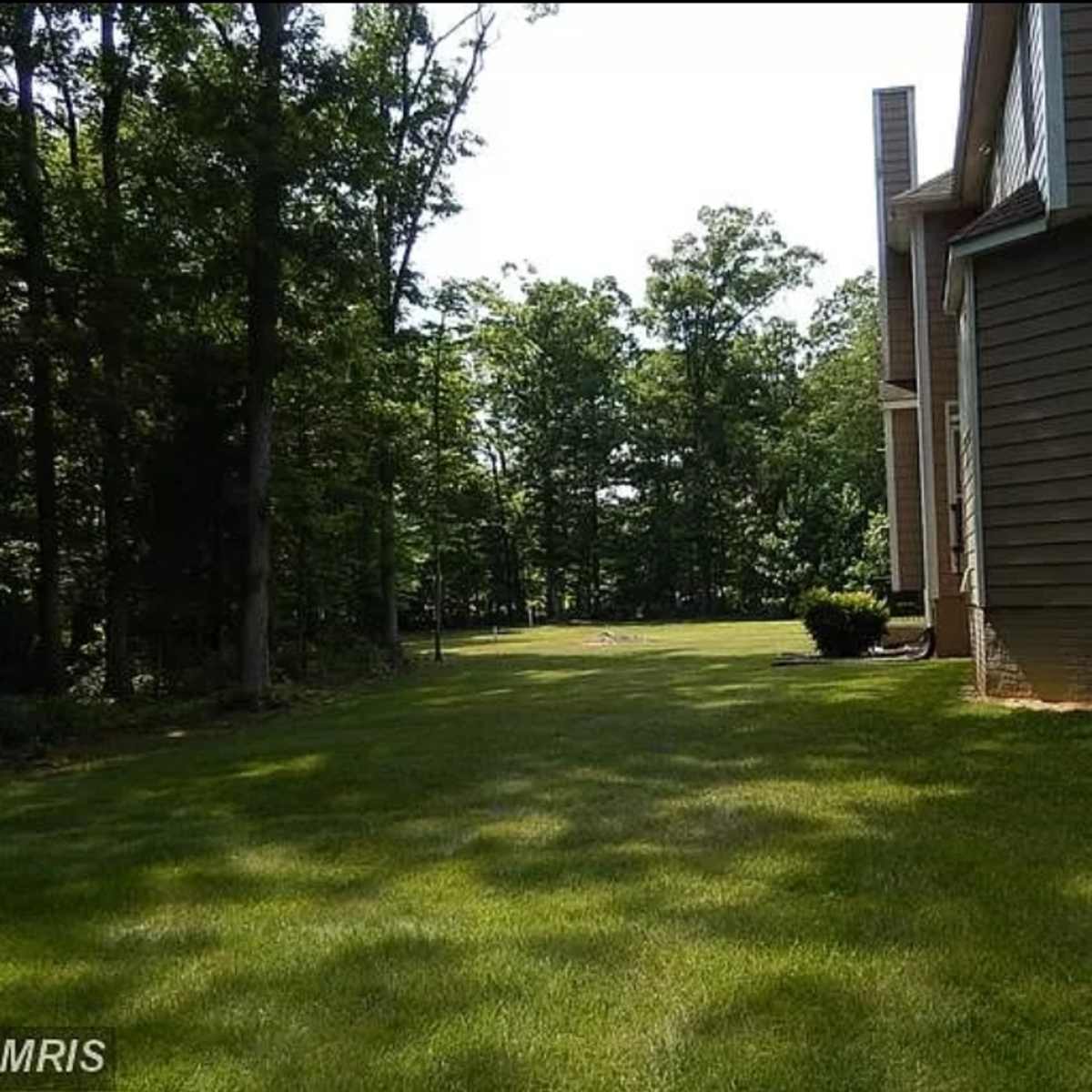 A grassy yard surrounded by trees next to a residential structure.