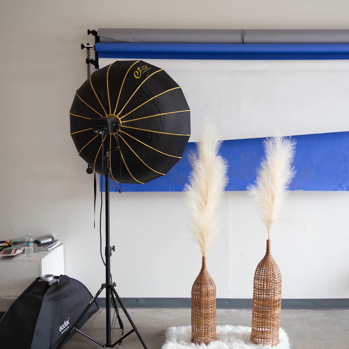 A photography studio setup with two large decorative vases holding pampas grass, a light umbrella, and a backdrop featuring blue and gray colors.