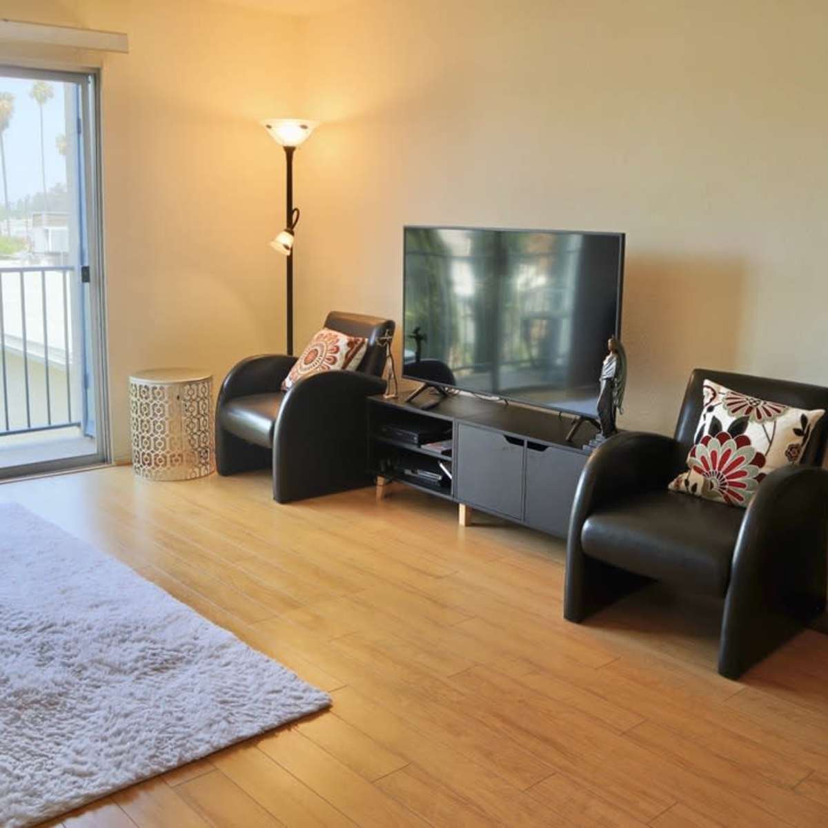 The living room features two black chairs, a television on a low cabinet, a glass coffee table, and a bookshelf beside large sliding glass doors that open to a balcony.