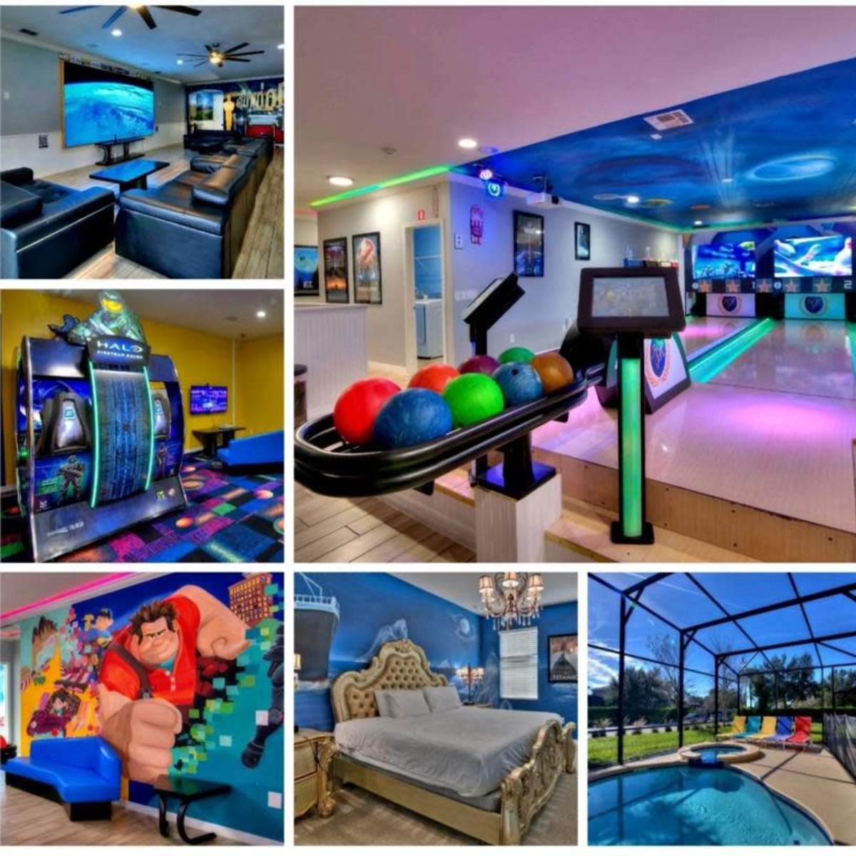 A game room with a bowling alley, arcade machines, a luxurious bedroom, and a backyard pool area, all designed for entertainment and relaxation.