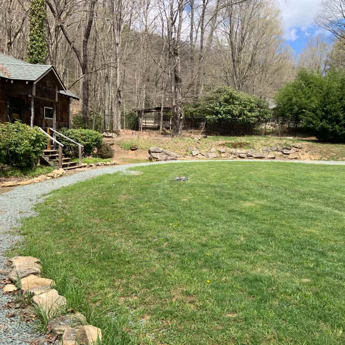A grassy area with a stone border curves around a wooden cabin, surrounded by trees and shrubs.