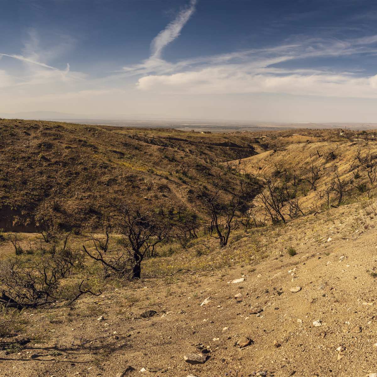 A dry, treeless landscape with barren hills and a wide valley under a clear sky.