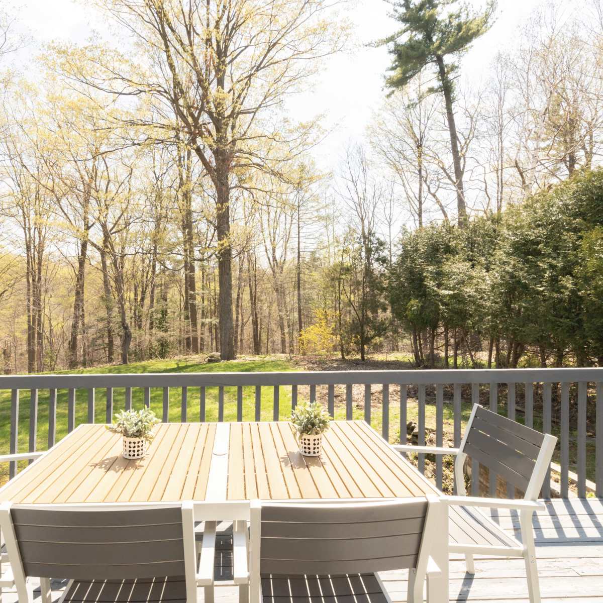 A wooden deck features a table and chairs with potted plants, overlooking a wooded landscape in early spring.