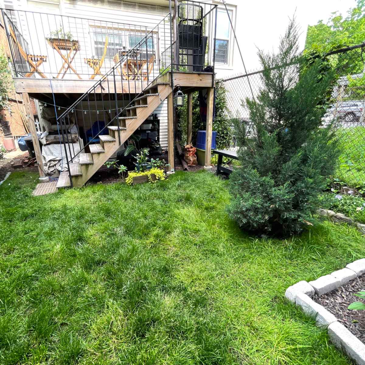 A grassy backyard with a staircase leading to a deck, plants, and a fence in the background.