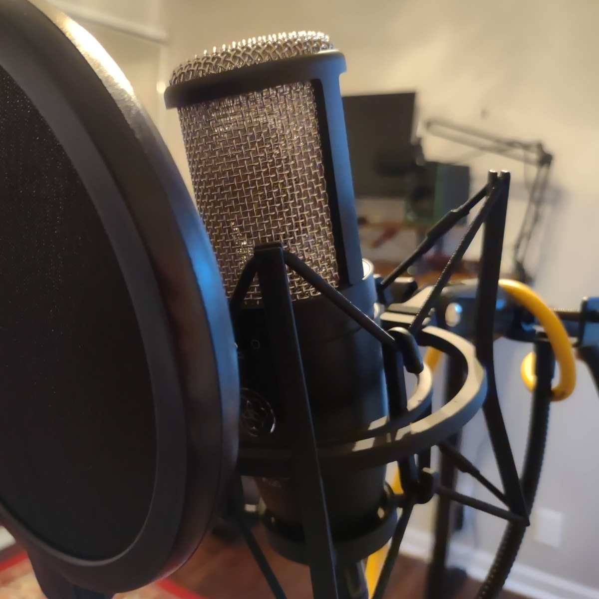 A microphone and a pop filter arranged on a stand in a recording studio setting.