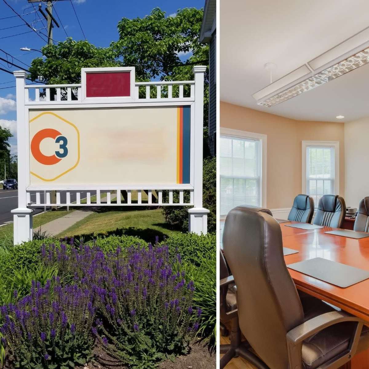 Three panels: a sign with the text "C3" in the first panel, a conference room with a large wooden table and leather chairs in the second, and a hallway with doors on both sides in the third.