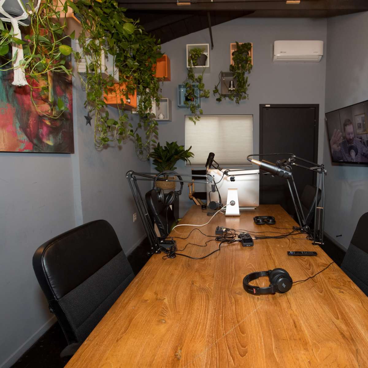 A meeting room features a wooden table with chairs, two microphone setups, and wall-mounted plants, alongside a television displaying a video.