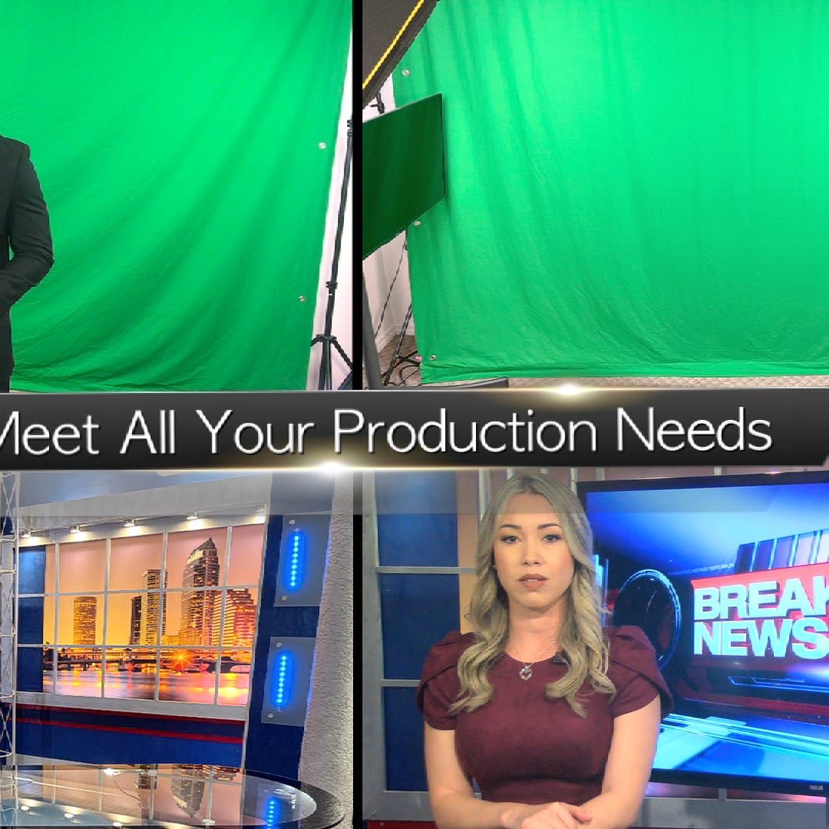 A media production setup featuring a presenter in front of a green screen, additional green screen areas, and a news studio backdrop.