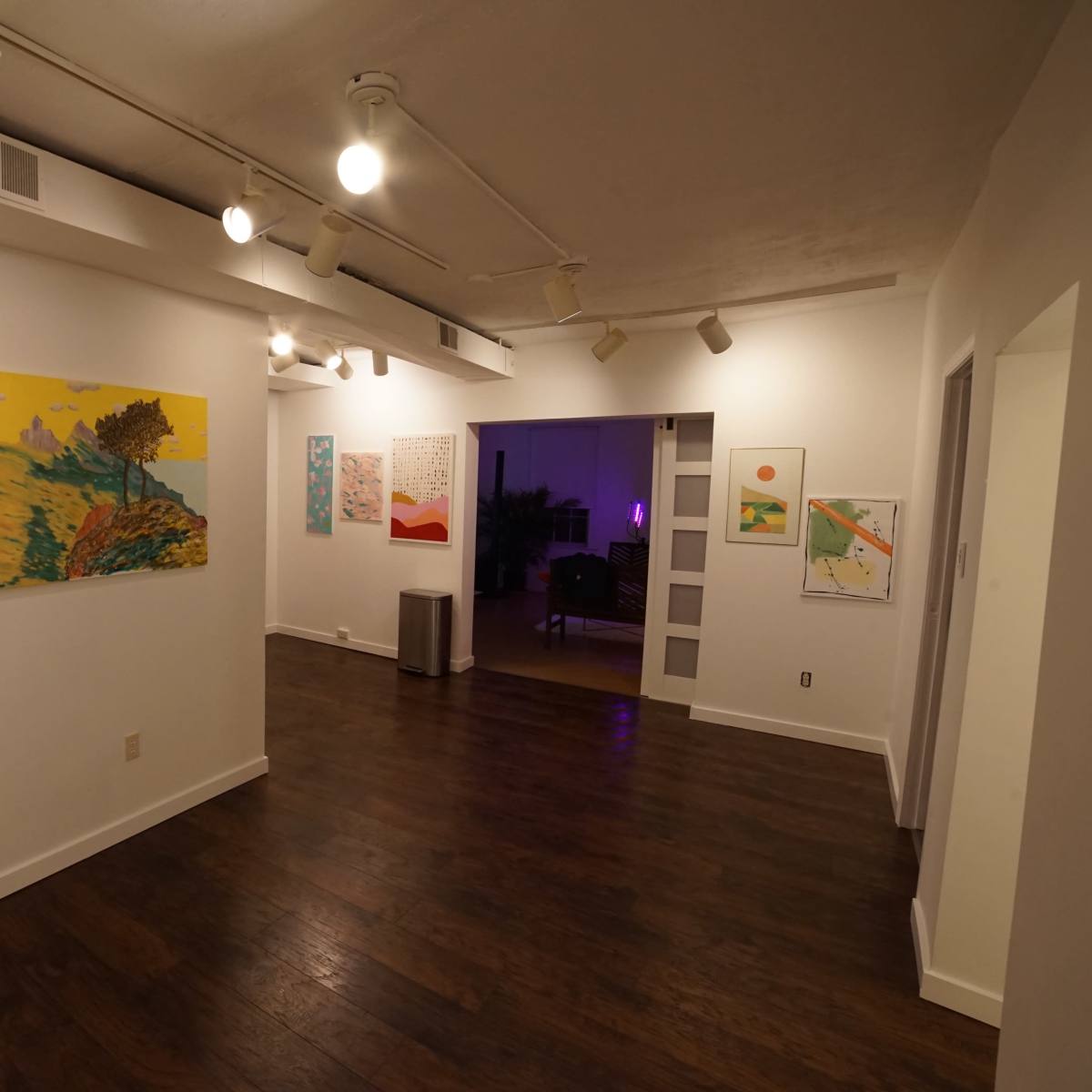 A well-lit, modern room with wooden flooring, featuring several framed artworks on the walls and a television on one wall.