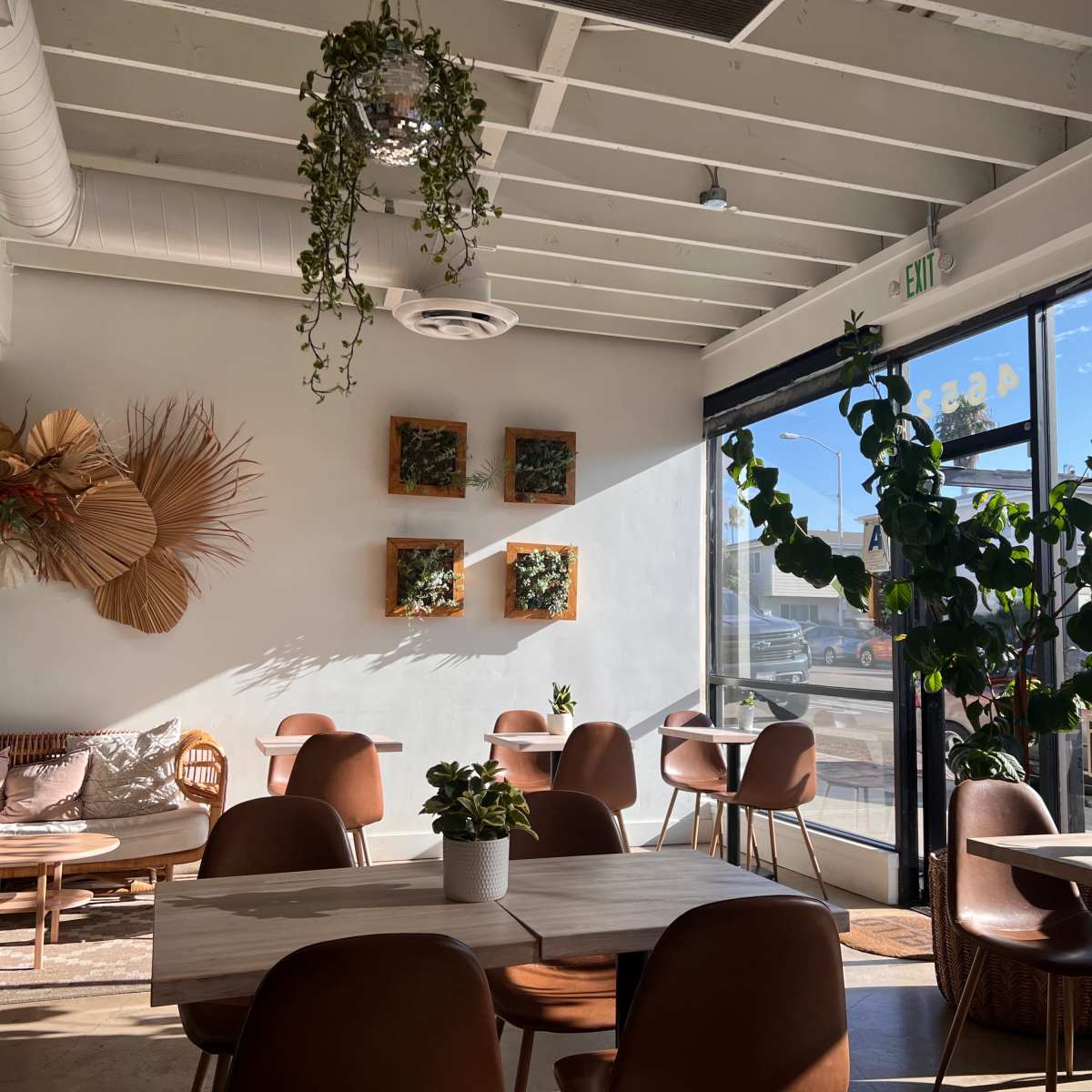 A modern cafe interior with wooden tables, brown chairs, greenery decor, and large windows letting in natural light.