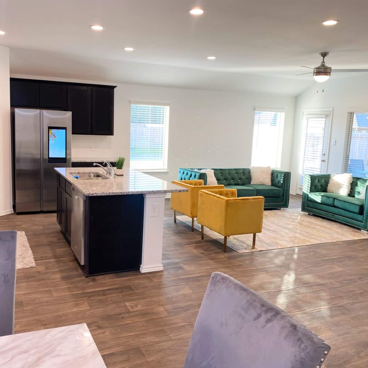 A modern open-concept living space features a kitchen with dark cabinetry and stainless steel appliances, adjacent to a bright sitting area with green and yellow sofas.